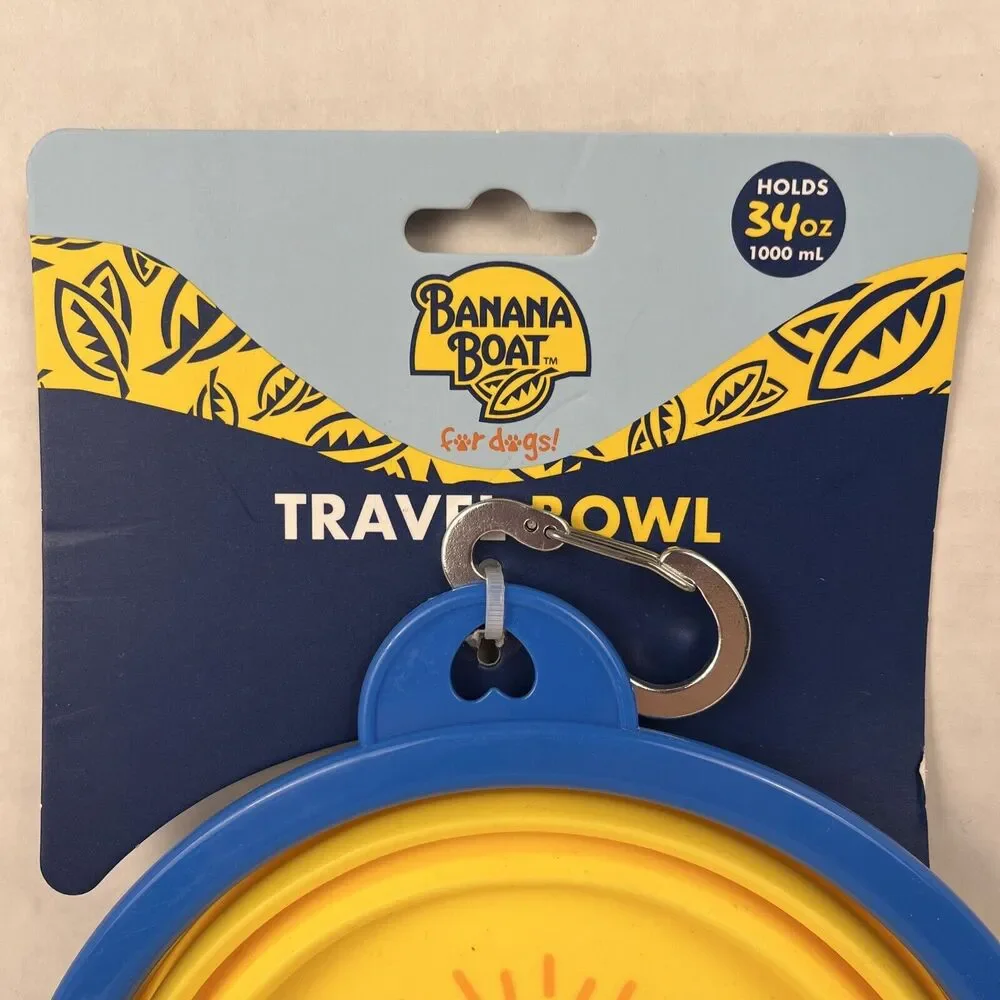 Banana Boat Dog Water Bowl Travel Collapsible Silicone Carabiner Holds 34 oz